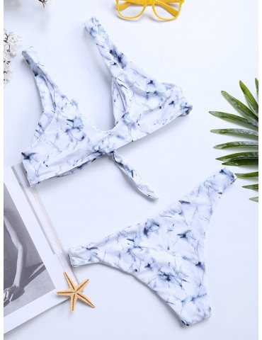 Women Sexy Tie Front Bowknot Marble Printing Backless Soft Bikinis Beach Swimsuits