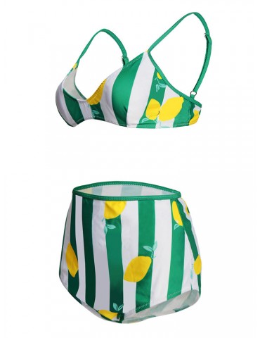 Printed Lemon Green Striped Sexy Bikini Swimwear For Women