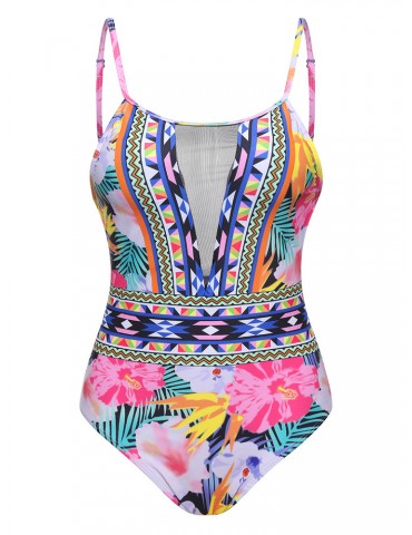 Geometric Printed Mesh Vintage Backless Breathable One Piece Swimsuits For Women