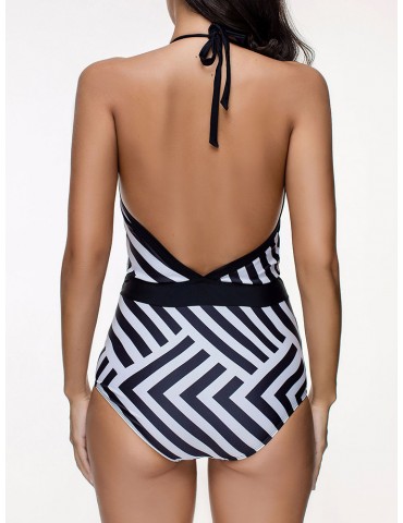 Deep V Stripes Halter Backless Siamese Swimsuit Bathing