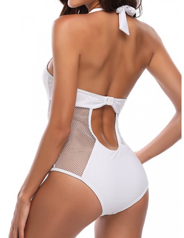 Sexy Grid Halter Solid Color Backless Monokinis Swimwear For Women