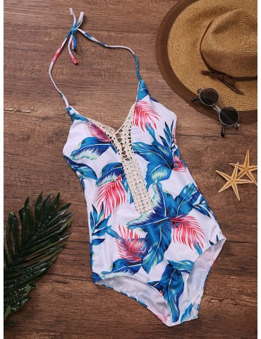 Front Hollow Out Floral Printing Swimsuit Halter Wireelss Triangle Monokini