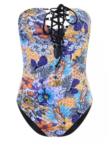 Bandage Printed High Waist Criss Cross Strapless Monokini Swimsuits For Women