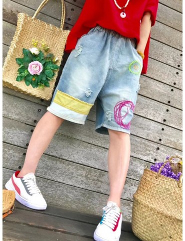 Embroidery Elastic Waist Wide Leg Shorts Denim