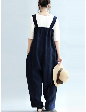 Vintage Pure Color Sleeveless Side Pocket Long Jumpsuits