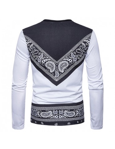 Mens Fashion Printed Pattern Striped O-Neck Long Sleeve Slim Fit Casual T-Shirts