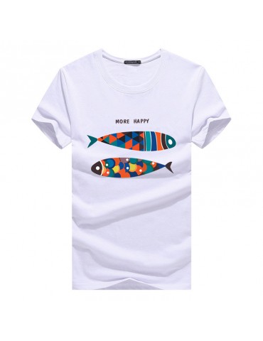 Mens Fish Printed O-neck Short Sleeve Summer Casual T Shirts