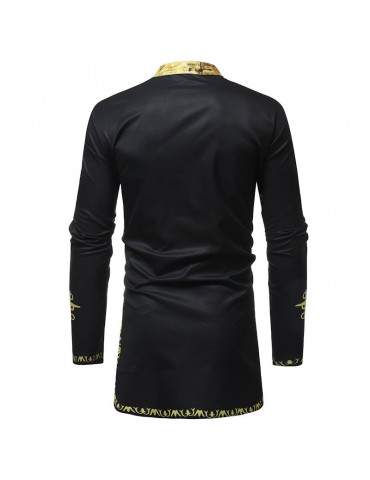 Mens African Ethnic Style 3D Printed Mid Long Stand Collar Long Sleeve Casual T Shirts