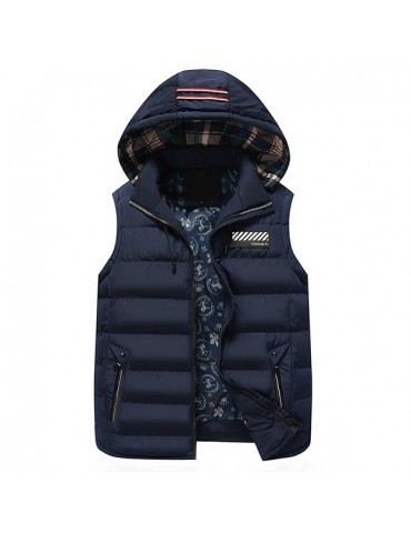 Warm Striped Cotton Detachable Hooded Zipper Pockets Vest for Men