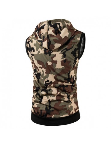 Mens Summer Camo Printed Casual Tank Tops Stylish Sleeveless Hooded Vest