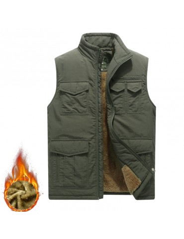 Men's Mutil-Pockets Outdoor Fishing Sleeveless Shearling Stand Collar Coat Thicken Fleece Vest