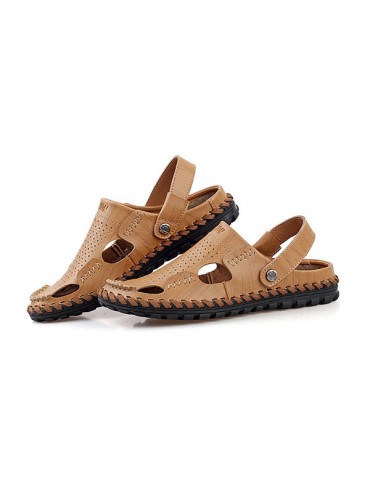 Men Leather Hollow Out Breathable Two Way Wearing Slip On Beach Slipper Sandals