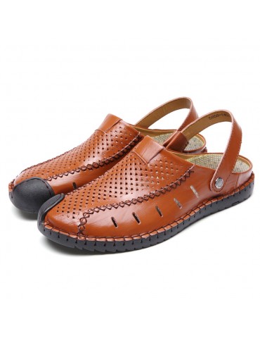 Men Hand Stitching Hole Breathable Water Friendly Leather Sandals