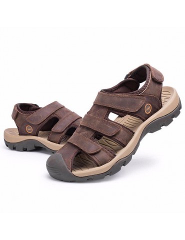 Men Leather Hollow Out Toe Protecting Hook Loop Outdoor Beach Sandals