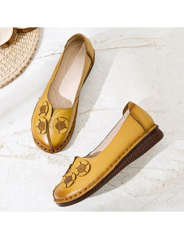 Leather Round Toe Stitching Slip On Flat Loafers