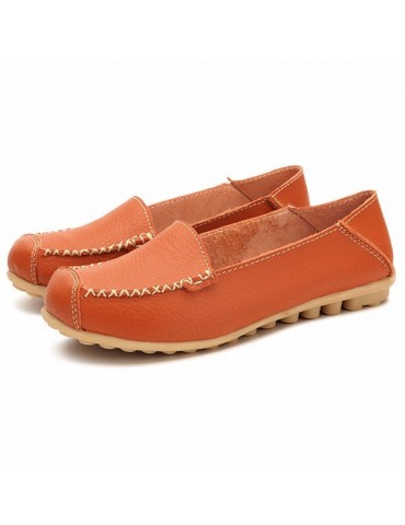 Leather Pure Color Soft Sole Breathable Comfortable Slip On Flat Loafers