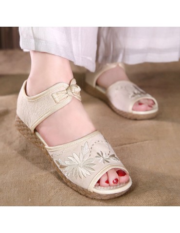 Women Folkways Casual Cotton Flowers Embroidered Peep Toe Buckle Flats