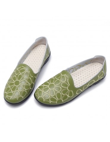 Women Casual Flowers Round Toe Genuine Leather Flats