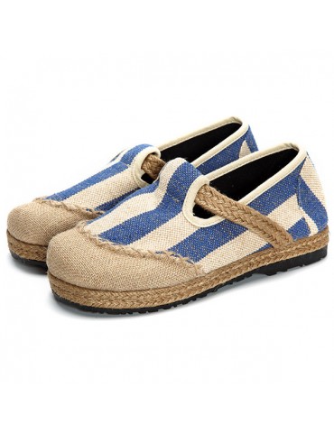 Stripe Pattern Flax Breathable Retro Flat Slip On Women Shoes