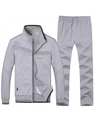 Mens Casual Sport Suits Solid Color Stand Collar Zip Up Hoodies Elastic Waist Joggers Sport Pants