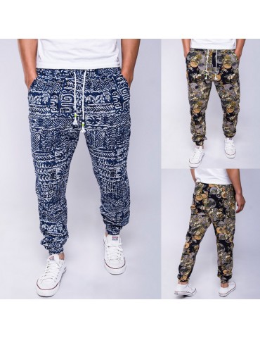 Mens Ethnic Style Printed Drawstring Elastic Waist Slim Fit Casual Fitness Running Pants