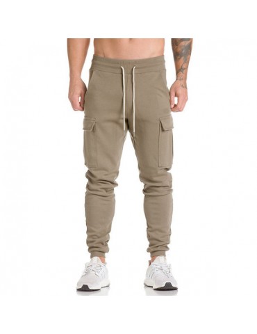 Mens Sport Pants Elastic Waist Drawstring Soild Color Casual Cotton Trousers