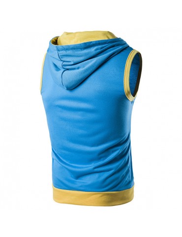 Mens Summer Casual Vest Fashion Stitching Color Sleeveless Hooded Vest