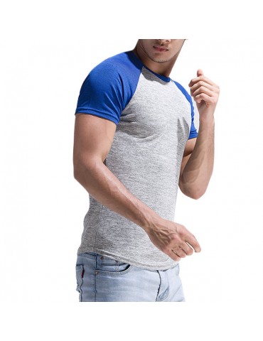 Mens Spring Summer Brief Style Hit Color Round Neck Short Sleeve Slim Fit Casual Sport T-shirt