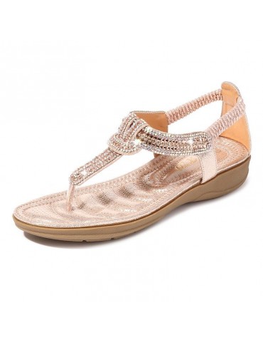 Rhinestone Clip Toe T Shape Slip On Beach Casual Flat Sandals