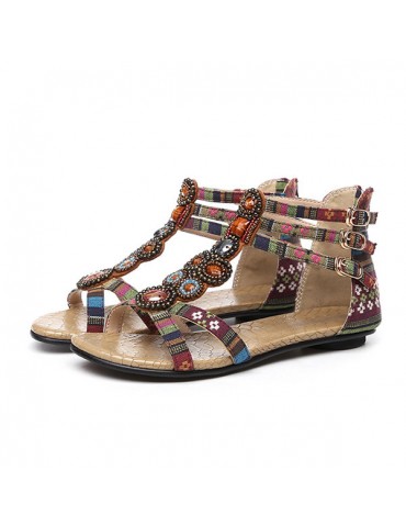 Bohemia Bead Crystal Hollow Out National Wind Retro Peep Toe Buckle Ankle Zipper Sandals