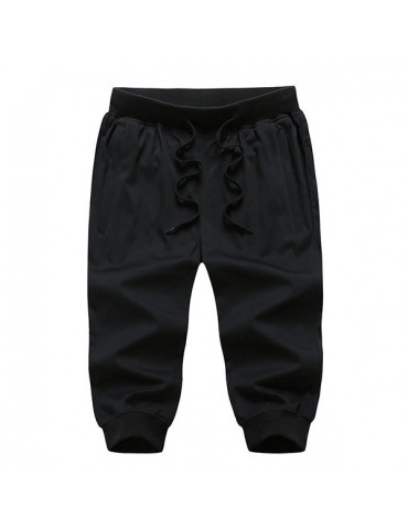 Mens Summer Breathable Solid Color Drawstring Sport Casual Calf-Length Pencil Pants