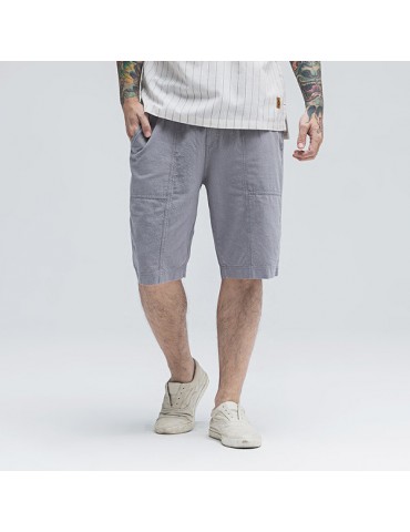 Mens Summer 100% Cotton Breathable Solid Color Knee Length Drawstring Casual Shorts