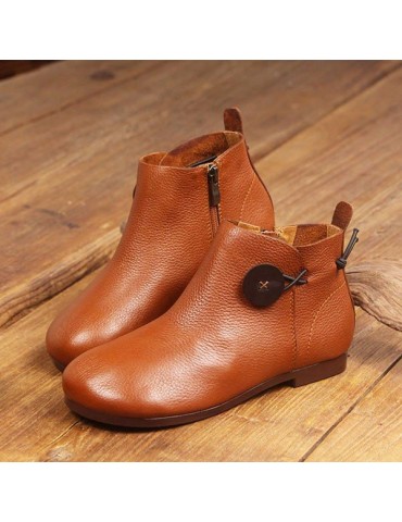 SOCOFY Genuine Leather Button Stitching Ankle Zipper Vintage Boots