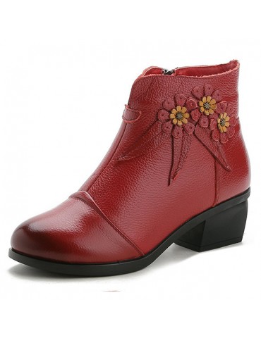 Women Winter Folkways Plush Lined Cow Leather Flowers Zip Square Heel Boots