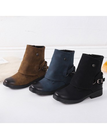 Splicing Round Toe Metal Rivet Flat Boots For Women