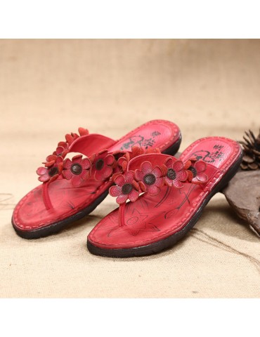 Flower Genuine Leather Flip Flops Folkways Beach Slippers