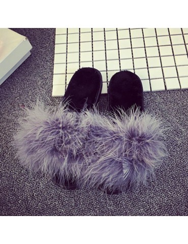 Feather Furry Open Toe Flat Mules Sandals Slippers Sliders