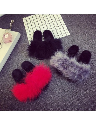 Feather Furry Open Toe Flat Mules Sandals Slippers Sliders