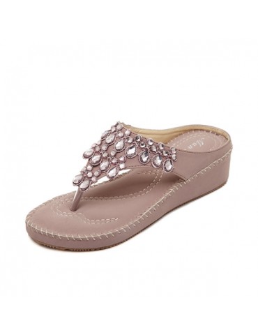 Bohemia Bead Rhinestone Clip Toe Slip On Flat Beach Flip Flops Sandals