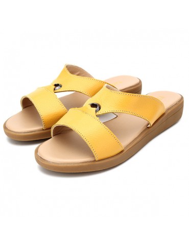 Leather Hollow Out Metal Candy Color Peep Toe Slip On Flat Beach Sandals