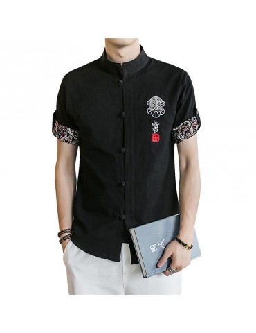 Stand Collar Ethnic Printing Chinese Button Short Sleeves Summer Designer Shirt for Men