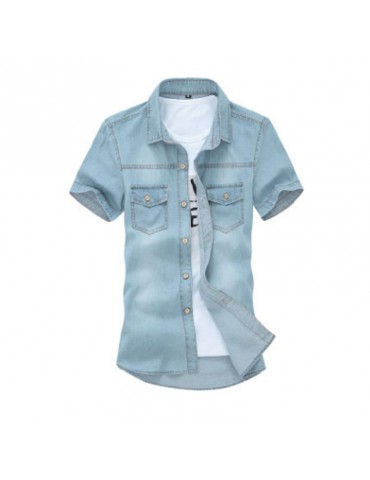 Summer Slim Chest Pocket Stylish Denim Cotton Short Sleeve Shirts for Men