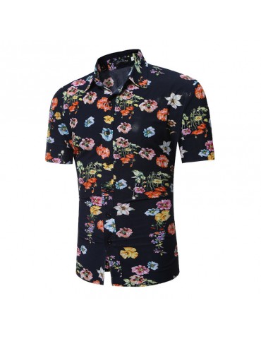 Casual Floral Printing Slim Fit Short Sleeve Dress Shirts For Men