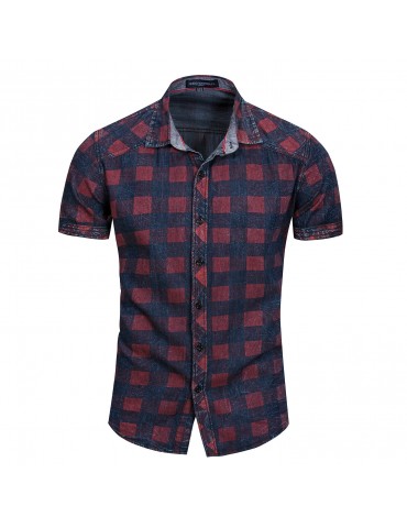 Mens Short Sleeve Patchwork Printing Summer Casual Cotton Shirt