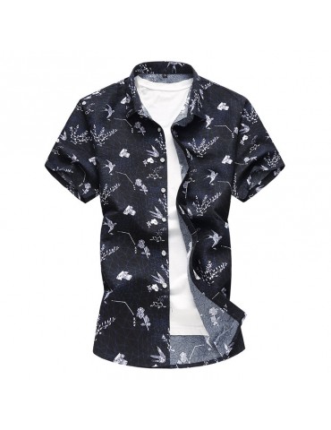 Mens Summer Loose Hawaiian Printing Shirt Short Sleeve Casual Cotton Beach Shirts