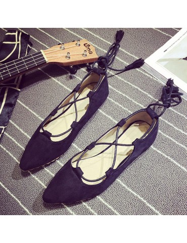 Suede Pointed Toe Tassel Strappy Ballets