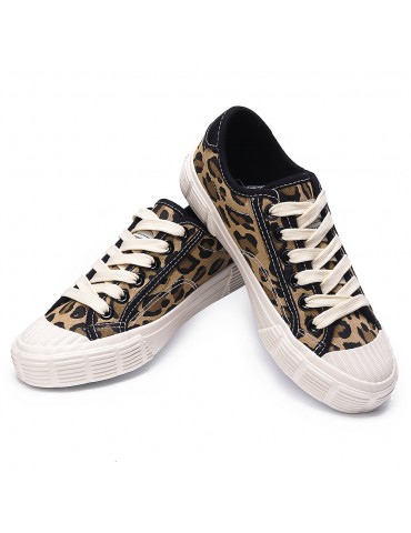 Women Ladies Casual Leopard Canvas Lace Up Flat Sneakers