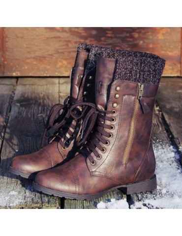 Vintage Wool Knitting Detailed Lace Up Zipper Boots