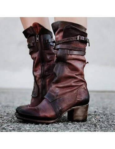 Buckle Belt Chunky Heel Motorcycle Boots