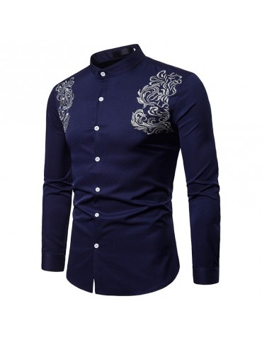 Men's Totem Embroidery Vintage Court Style Business Stand Collar Slim Fit Long Sleeve Shirt